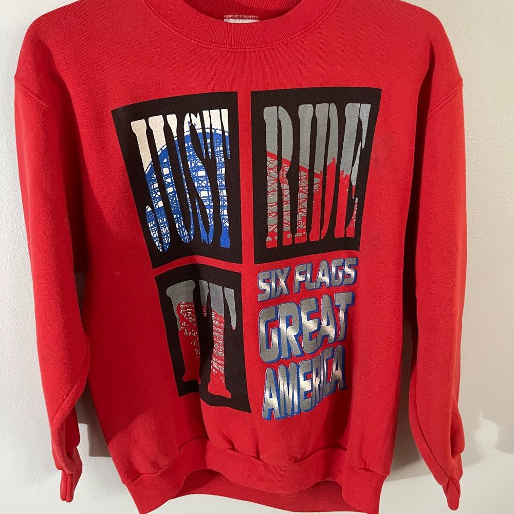 Tee Jays Vintage Just Ride It Six Flags Sweatshirt Adult Large Made In USA Red M